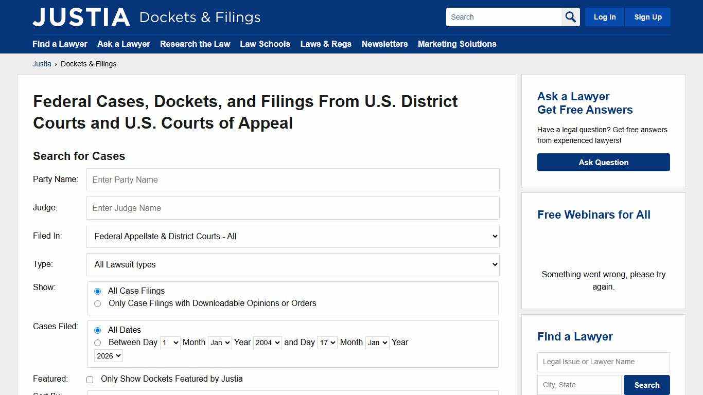 U.S. District Court and U.S. Court of Appeals Cases, Dockets and Filings | Justia Dockets & Filings
